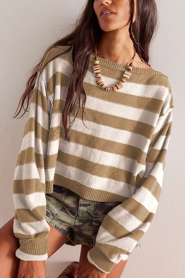 Striped Print Crew Neck Long Sleeve Loose Knitted Sweater