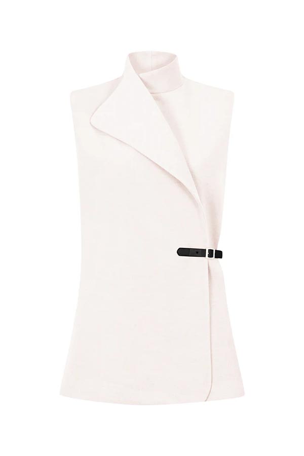 Harper Stand Collar Leather Belt Sleeveless Blazer and High-waisted Wrap Mini Skirt Set