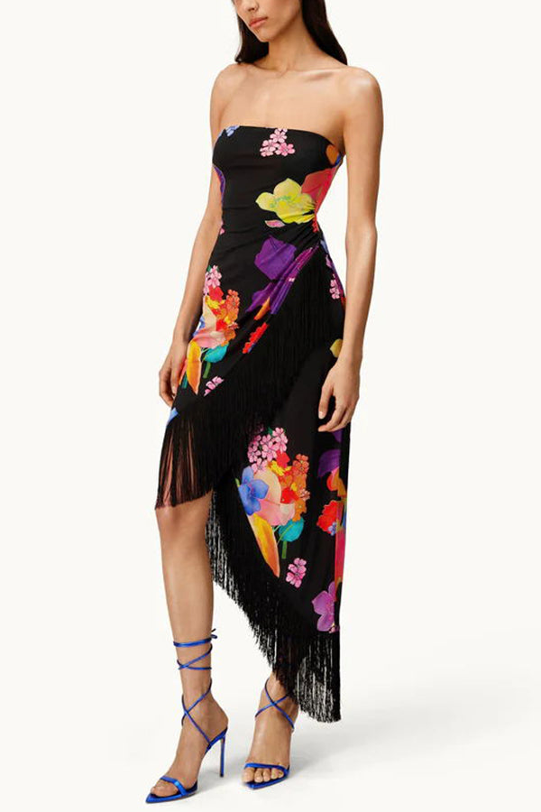 Island Girl Era Floral Print Tassel Trim Bandeau Stretch Midi Dress