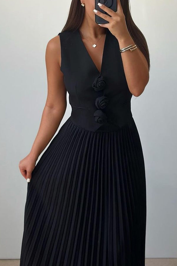 Stylish Rosette Sleeveless Tank Blouse & Pleated Maxi Skirt Set