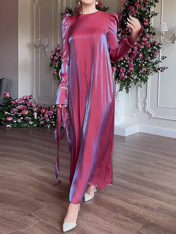 A-Line Long Sleeves Pleated Solid Color Tied Waist Zipper Round-Neck Maxi Dresses