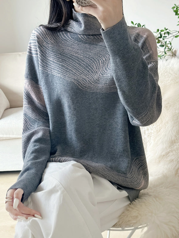 Long Sleeves Loose Contrast Color High Neck Pullovers Sweater Tops