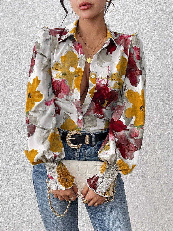 Long Sleeves Loose Buttoned Elasticity Flower Print Pleated Lapel Blouses&Shirts Tops