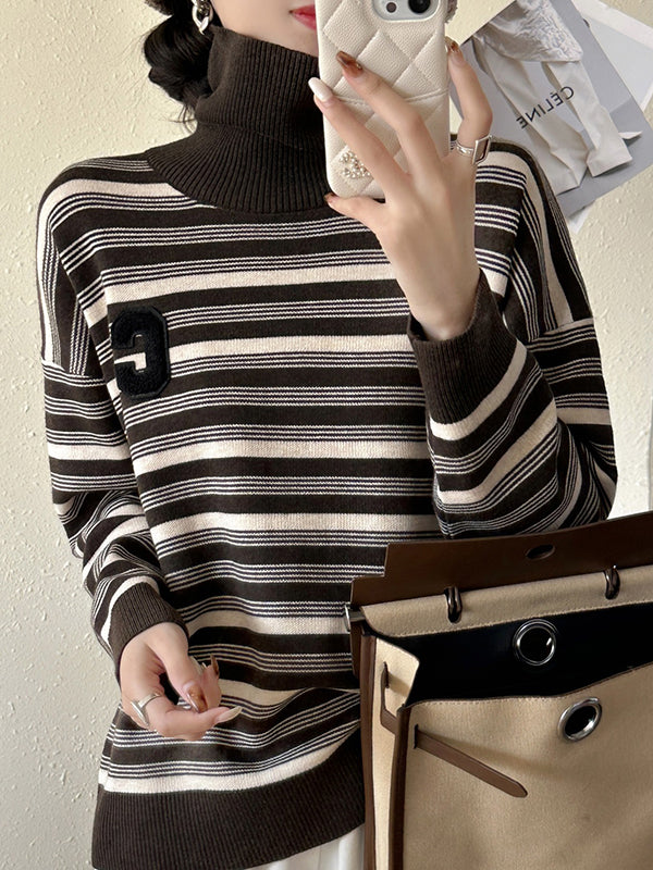 Long Sleeves Loose Contrast Color Split-Joint Striped High Neck Pullovers Sweater Tops