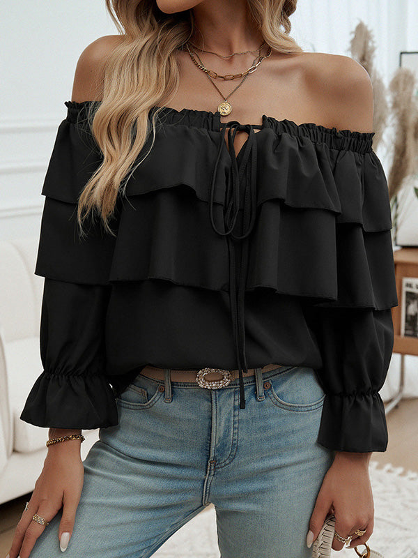 Long Sleeves Loose Layered Pleated Solid Color Split-Joint Tied Off-The-Shoulder Blouses&Shirts Tops