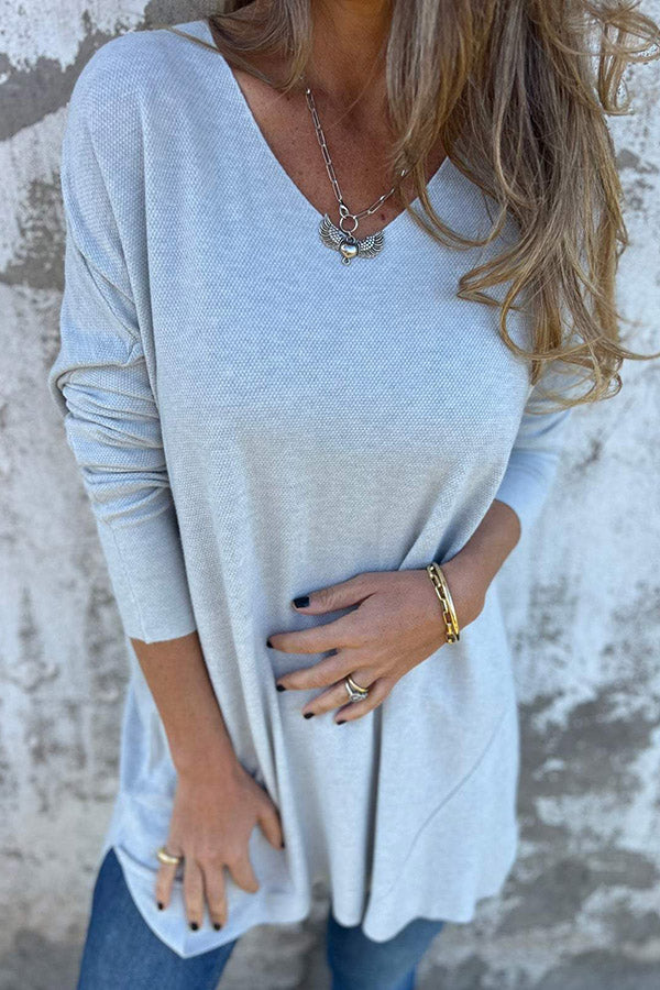 Plain V-neck Loose Long-sleeved Wovented T-shirt