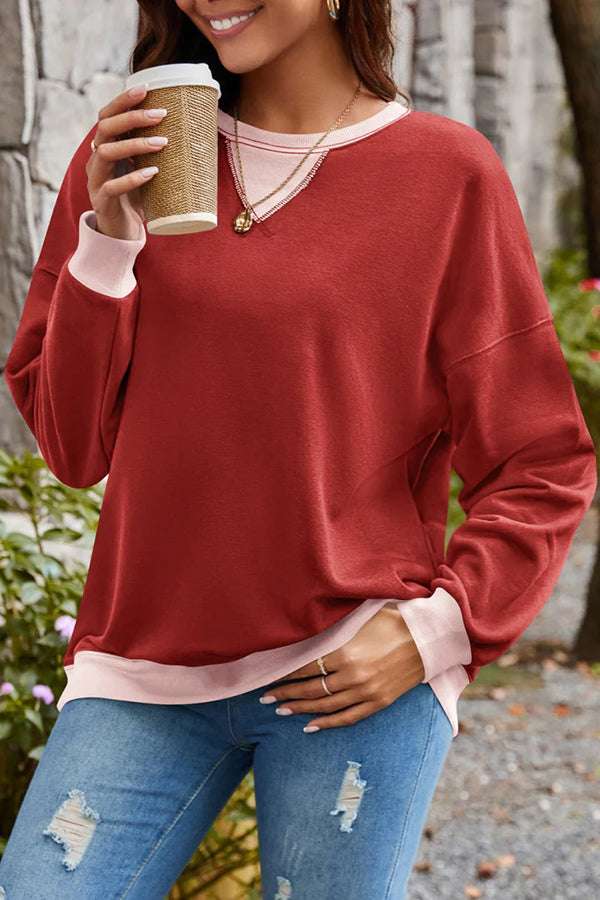 Stylishable Contrasting Color Loose Long-sleeved Relaxed Sweatshirt