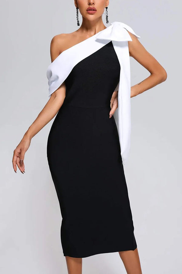 Elegant Evening Look One Shoulder B&age Bow Elastic Midi Dress