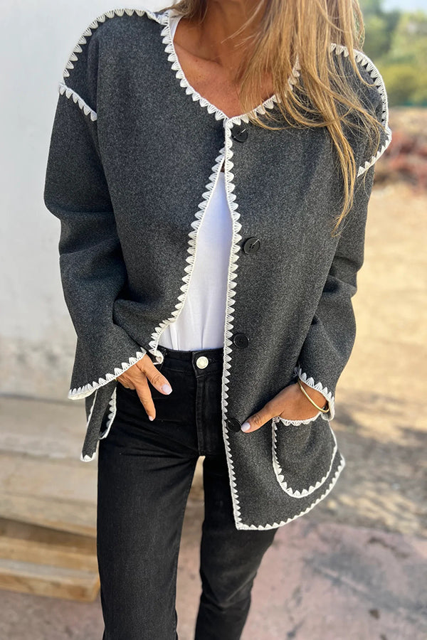 Stylish Loose Pocket Long Sleeve Coat and Warm Fringed Scarf