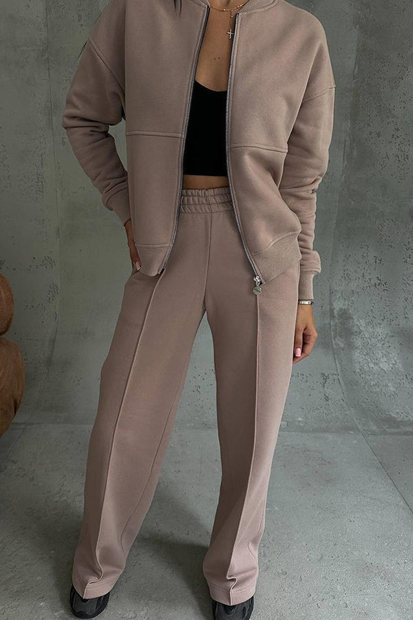 Solid Color Casual Long Sleeve Zipper Jacket and Elastic Waist Pocket Wide Leg Pants Set