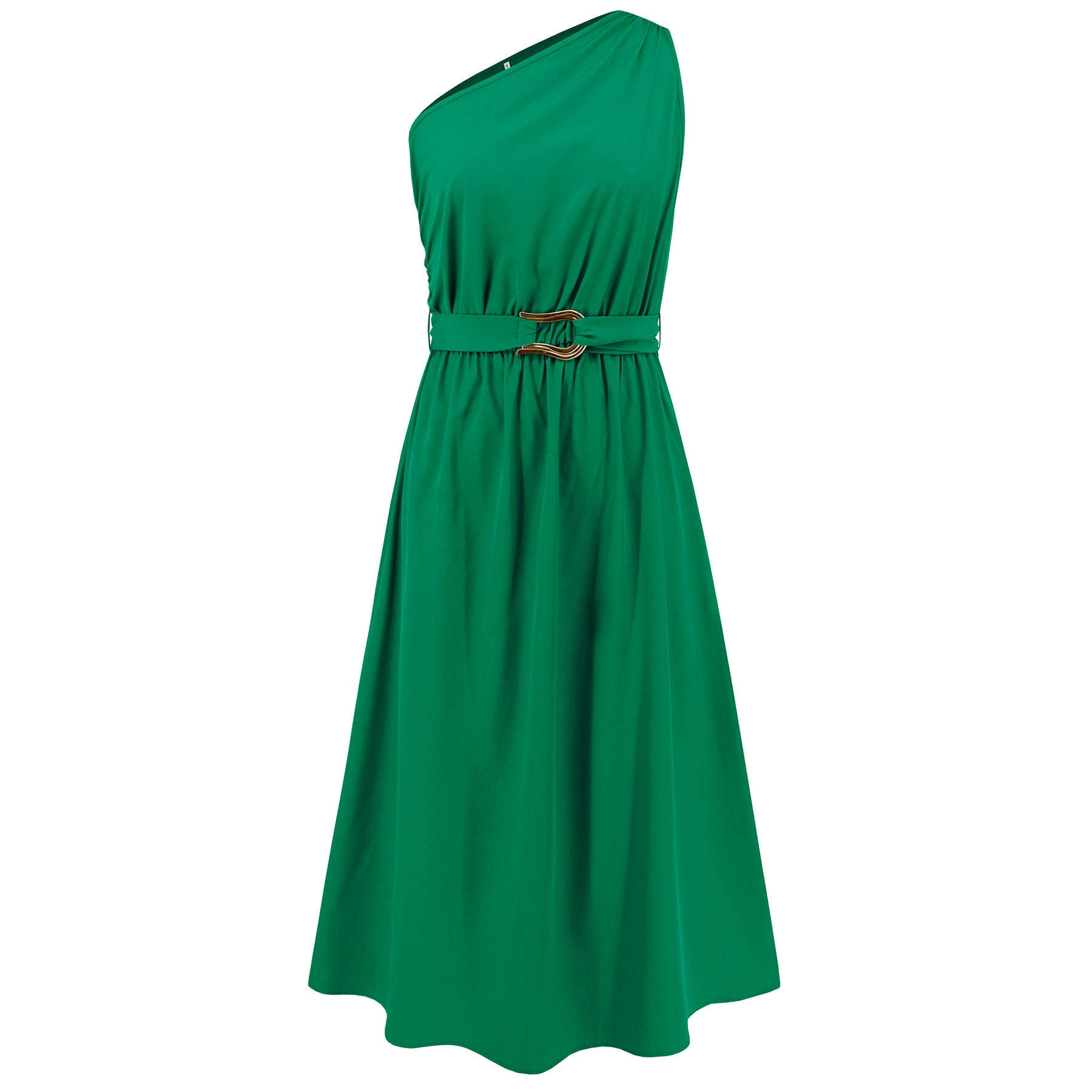 Casual Solid Color One Shoulder Belted Maxi Dress