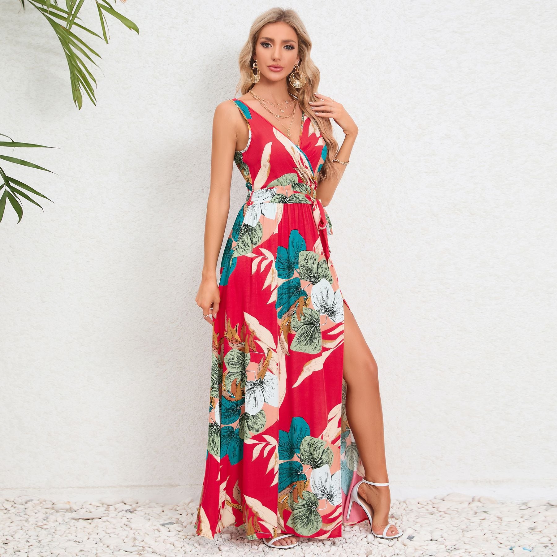 Sleeveless Deep V Neck Loose Floral Maxi Dress