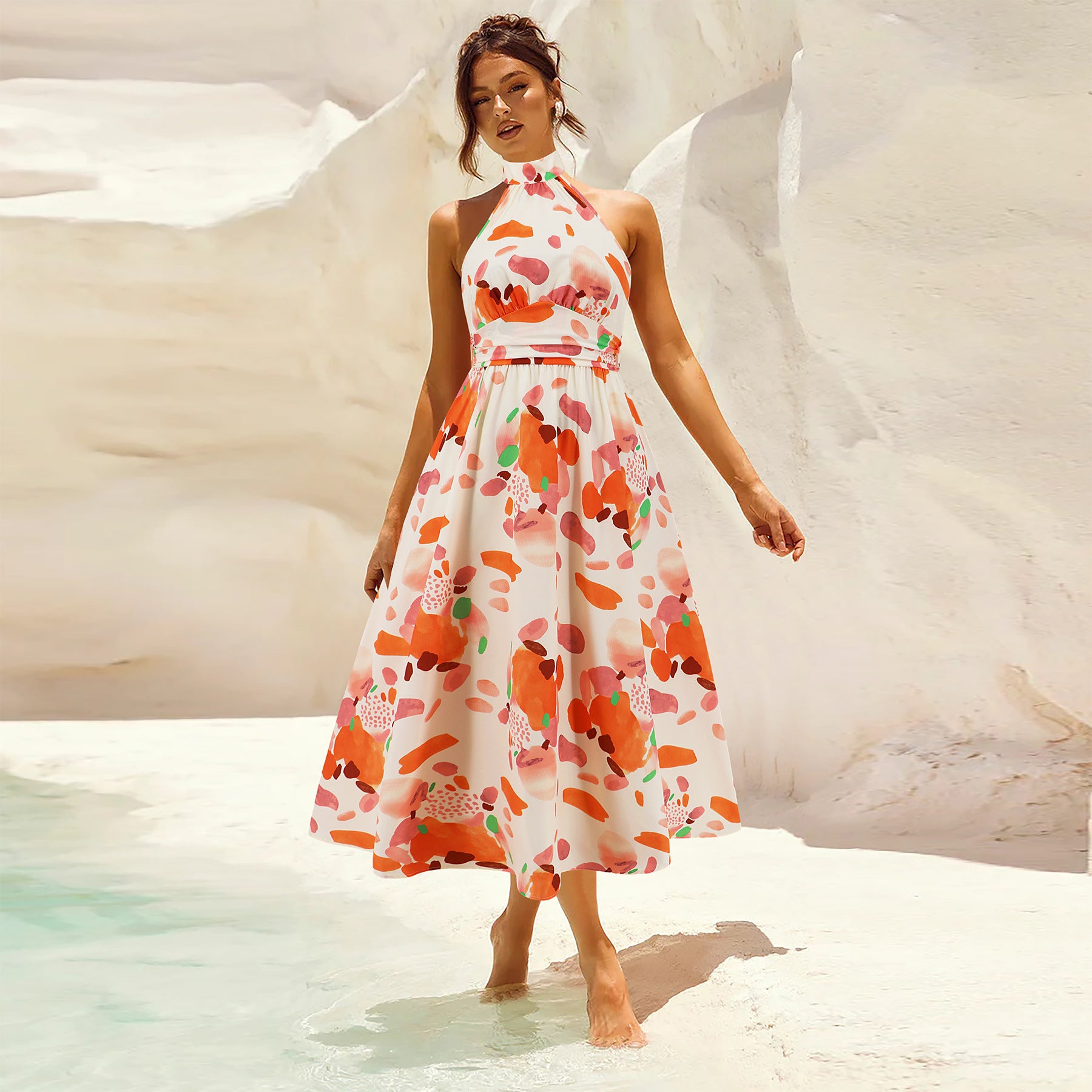 Sleeveless Halter Neck Floral High Waist Maxi Dress