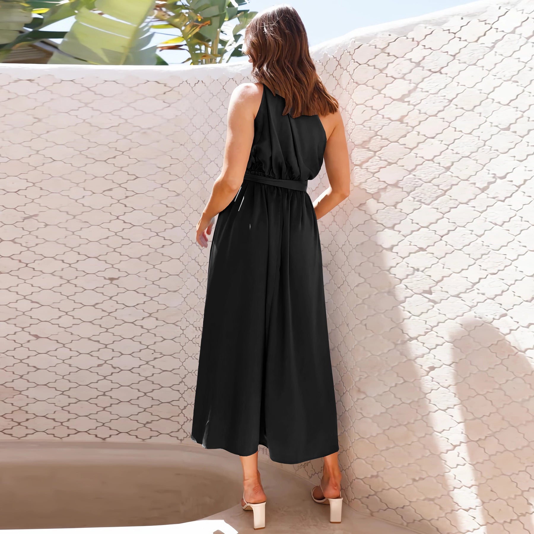 Casual Solid Color One Shoulder Belted Maxi Dress