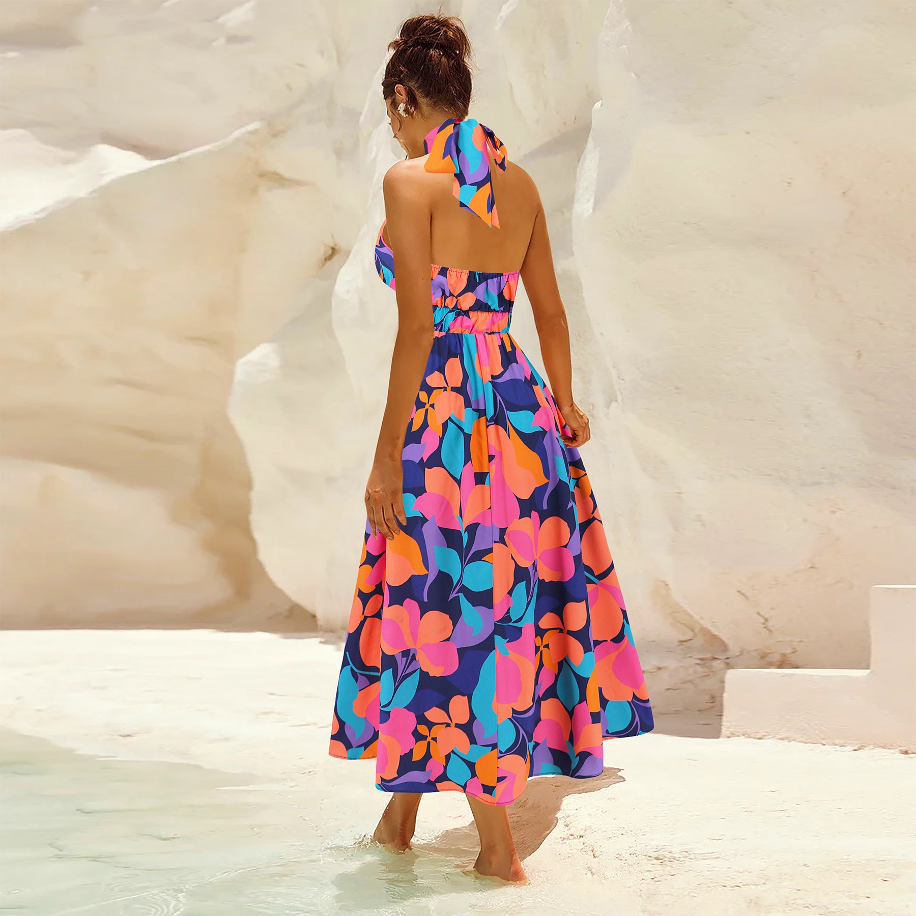 Sleeveless Halter Neck Floral High Waist Maxi Dress