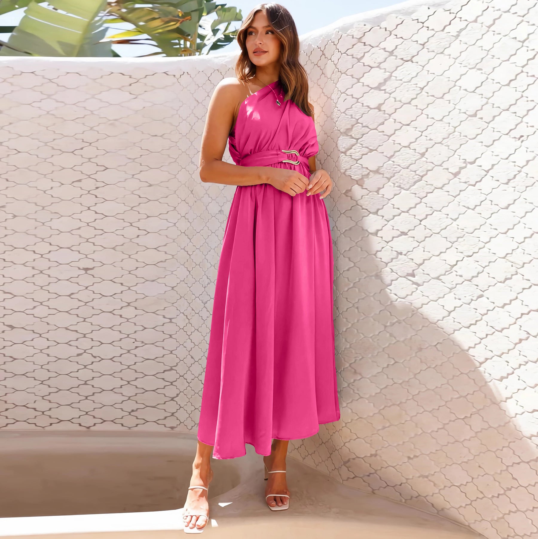 Casual Solid Color One Shoulder Belted Maxi Dress