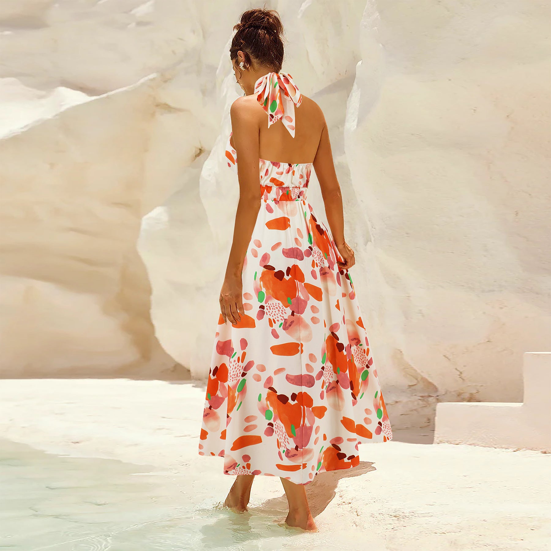 Sleeveless Halter Neck Floral High Waist Maxi Dress