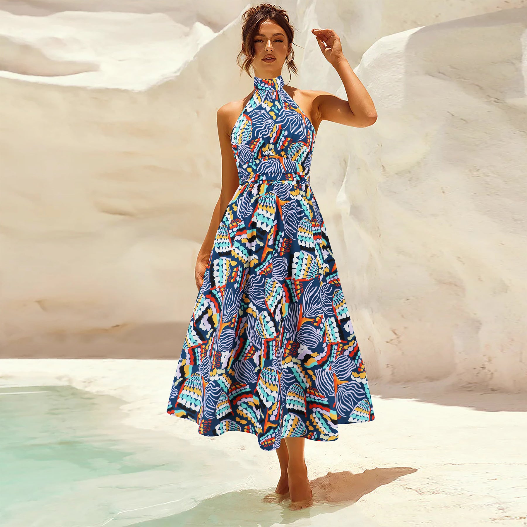 Sleeveless Halter Neck Floral High Waist Maxi Dress