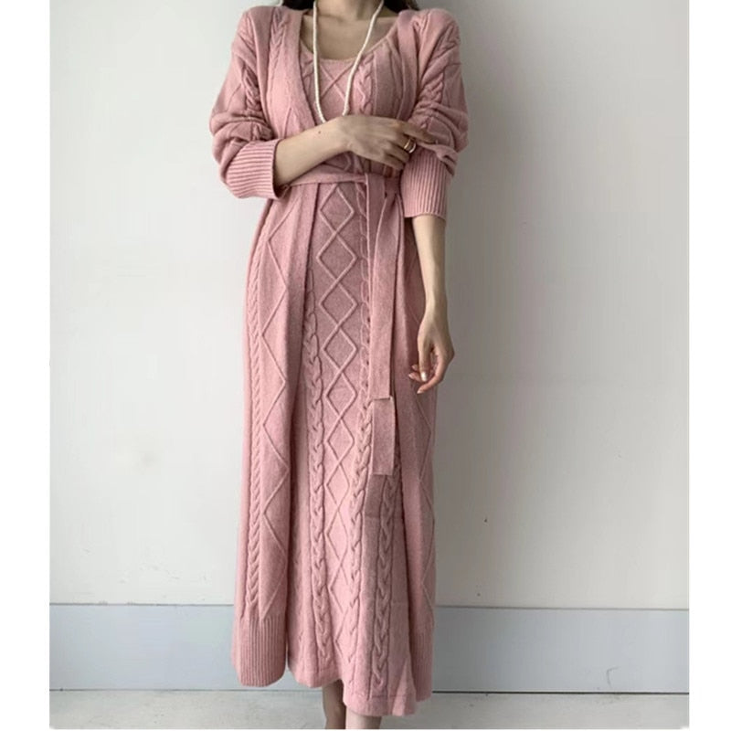 Nukty Winter Women Knitted 2 Pieces Set Casual Long Coat Dress Solid Long Sleeve Sweater Coat +Knitted Dress 2PCS Suits Women Warm Set