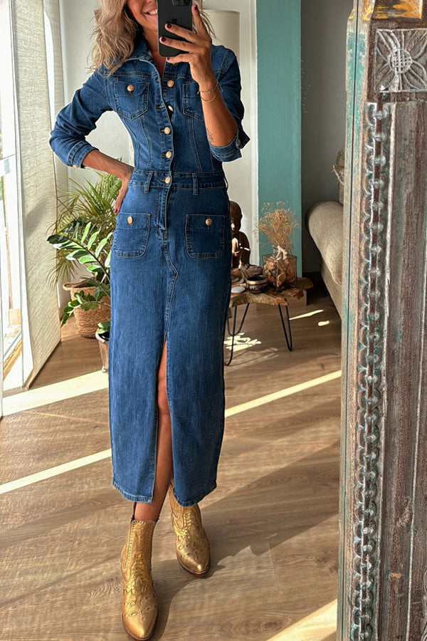 Tessy Denim Metal Button Zipper Shirt Stretch Pencil Slit Midi Dress