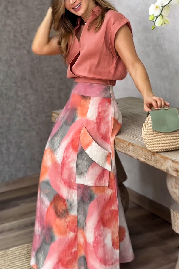 Laylin Wide Sleeve Shirt and Watercolor Print High Waist Drape Pockets Maxi Skirt Set