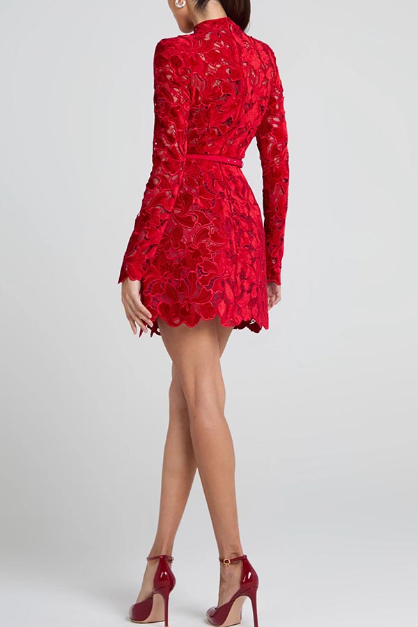 Lydia Embroidered Floral Lace Long Sleeve Belt Tulip Shaped Mini Dress