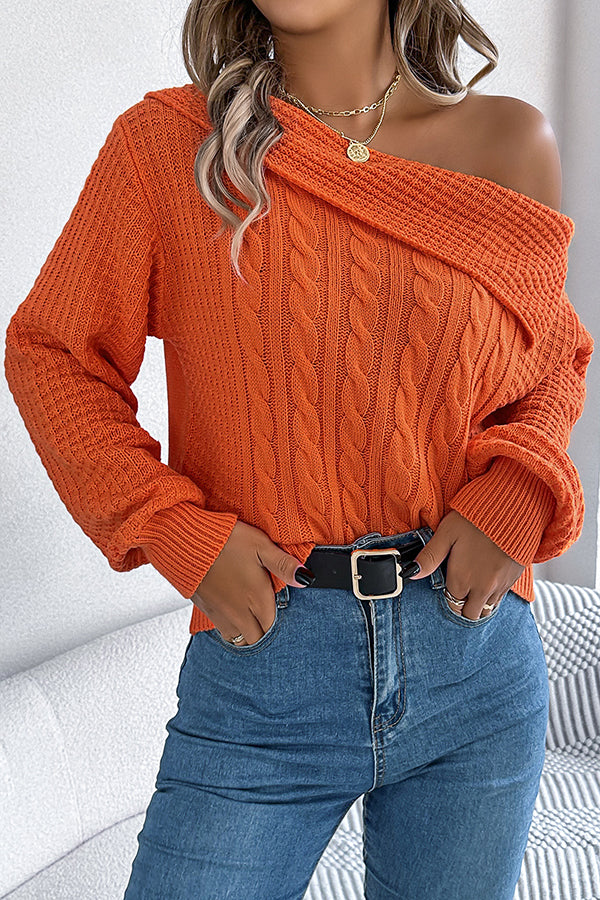 Solid Color Casual One Shoulder Long Sleeve Knitted Sweater