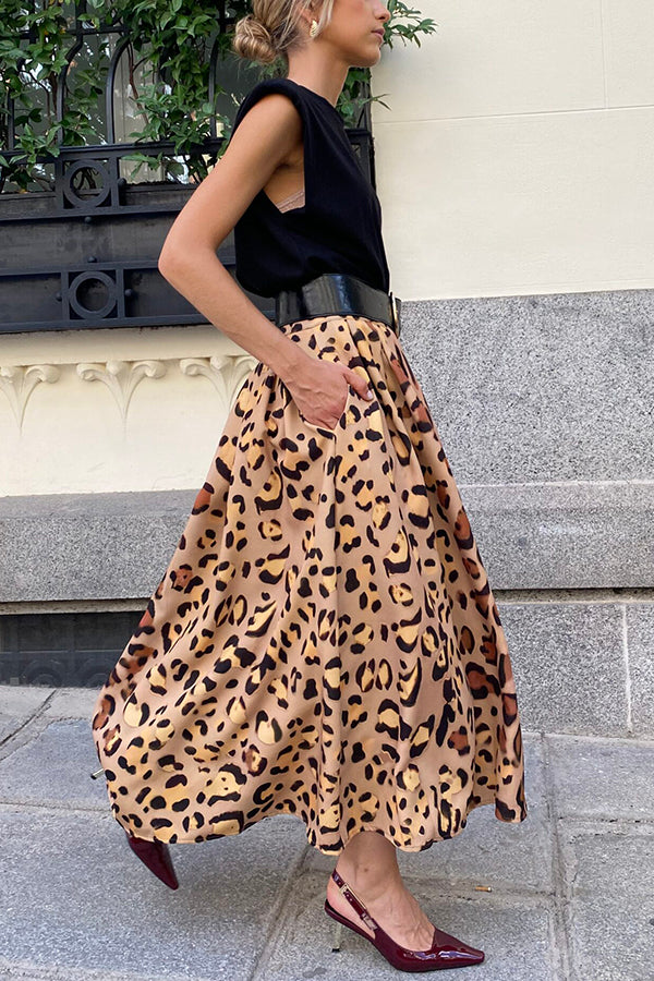 Stylish Leopard Print Elegant Large Hem Maxi Skirt