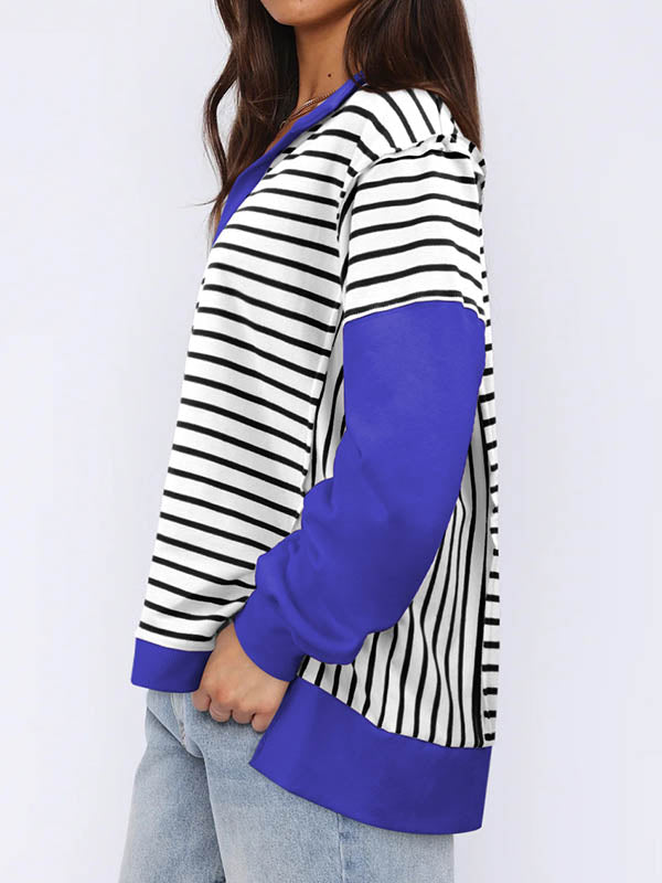 Long Sleeves Loose Contrast Color Split-Joint Striped V-Neck Sweatshirt Tops