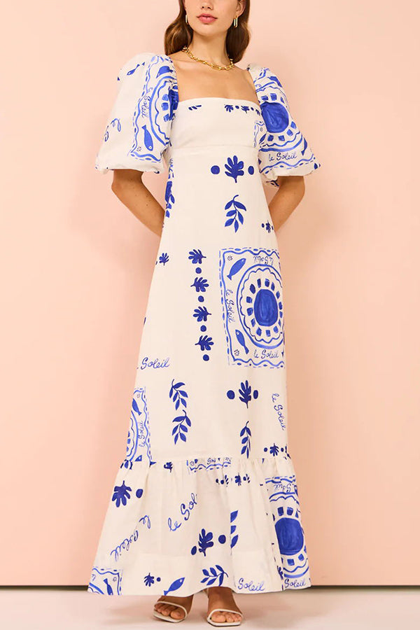 Sherbert Linen Blend Unique Print Square Neck Bubble Sleeve Maxi Dress