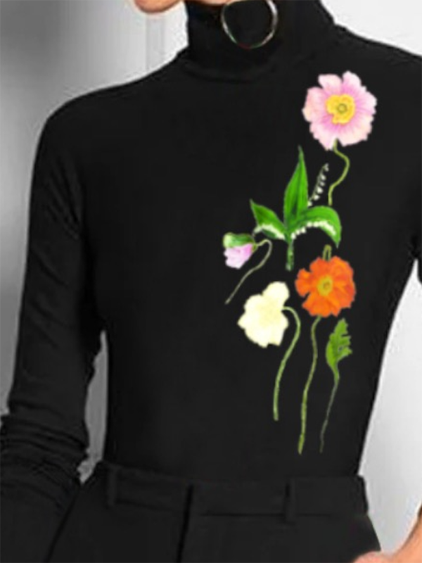 Long Sleeves Skinny Flower Print Printed Split-Joint High Neck T-Shirts Tops