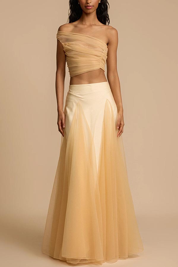 Romance Factor Satin Patchwork Tulle High-waisted Elastic Waist A-line Maxi Skirt