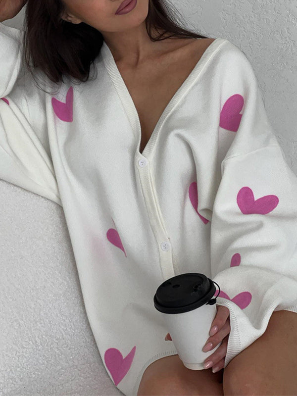 Long Sleeves Loose Heart Print Split-Joint V-Neck Cardigan Tops