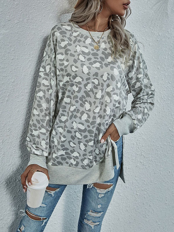 Long Sleeves Loose Leopard Split-Joint Split-Side Round-Neck Sweatshirt Tops