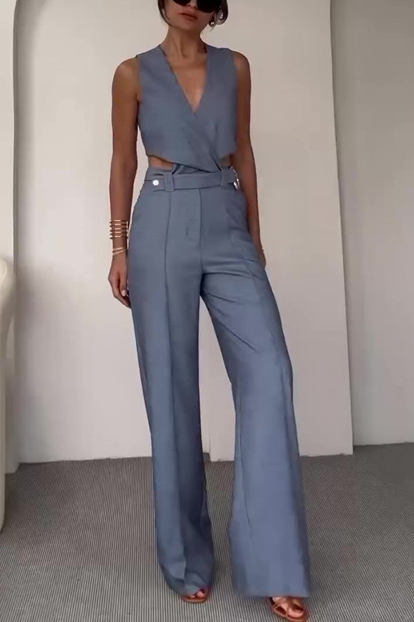 Crossover Slim Fit Sleeveless Vest and High Waisted Wide Leg Pants Set