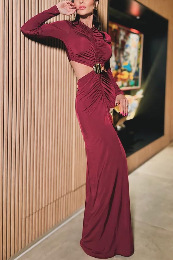 Such A Charmer Metal Pendant Hollow Waist Long Sleeve Ruched Maxi Dress