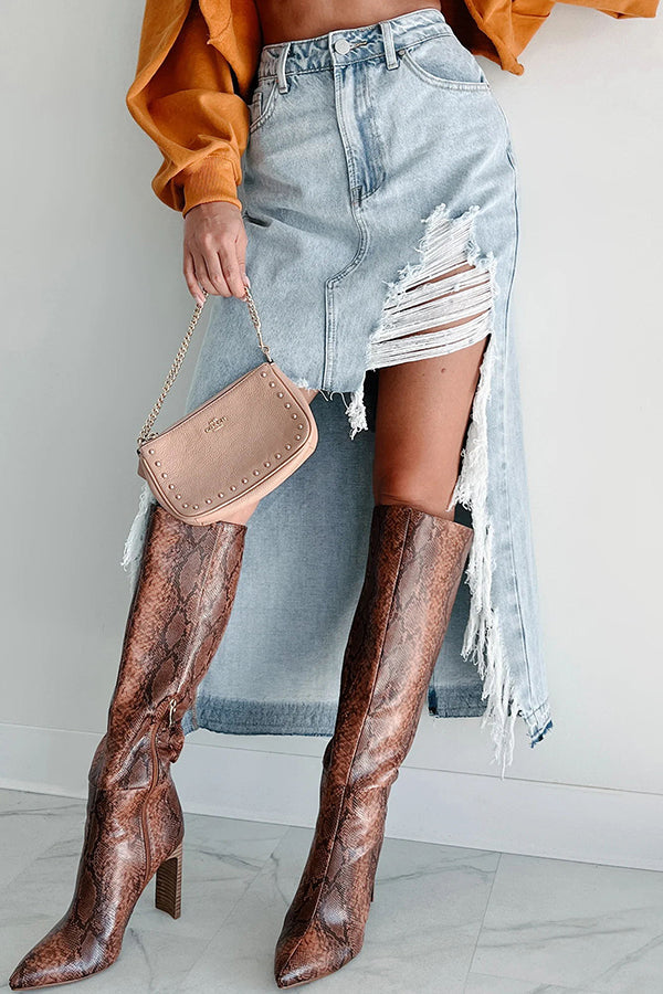 Darla Cutting Ties Heavily Distressed Denim Maxi Skirt