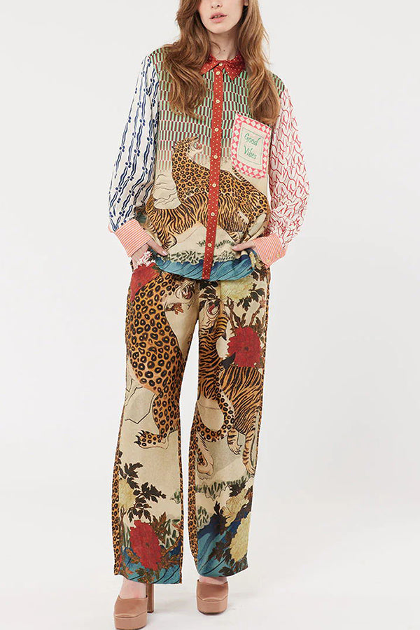 Tropical Jungle Tiger Unique Print Long Sleeve Loose Shirt and Elastic Waist Pants Set