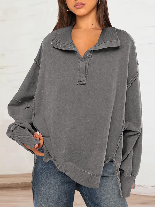 Long Sleeves Loose Buttoned Solid Color Split-Front Lapel Sweatshirt Tops