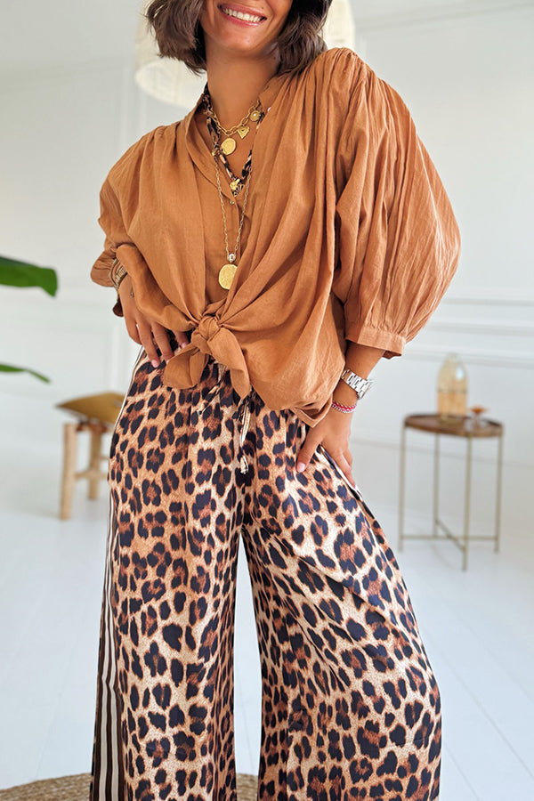 Wild and Sporty Style Striped Leopard Print Elastic Waist Pocket Loose Pants