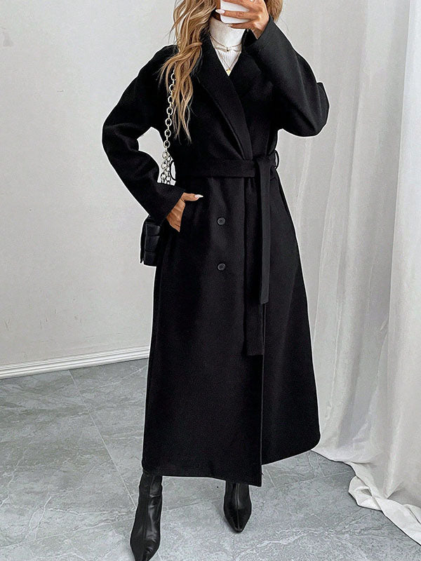 Long Sleeves Loose Buttoned Pockets Solid Color Tied Waist Notched Collar Woolen Coat