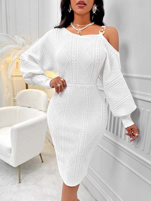 Bodycon Long Sleeves Solid Color Split-Joint Cold Shoulder Midi Dresses