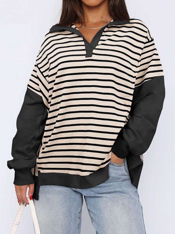 Long Sleeves Loose Contrast Color Split-Joint Striped V-Neck Sweatshirt Tops