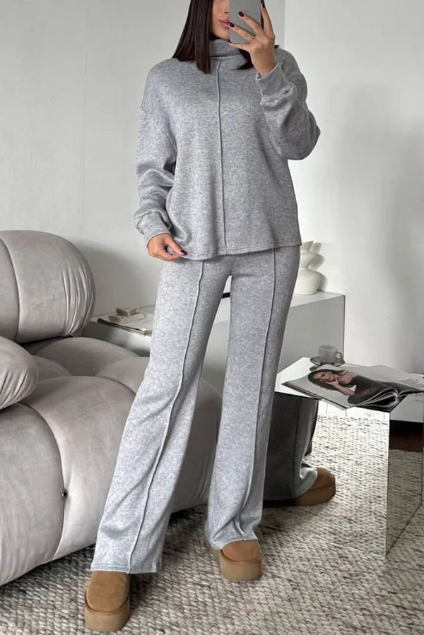 Solid Color Casual Knitted High Neck Long Sleeve Top and Elastic Waist Loose Pants Set