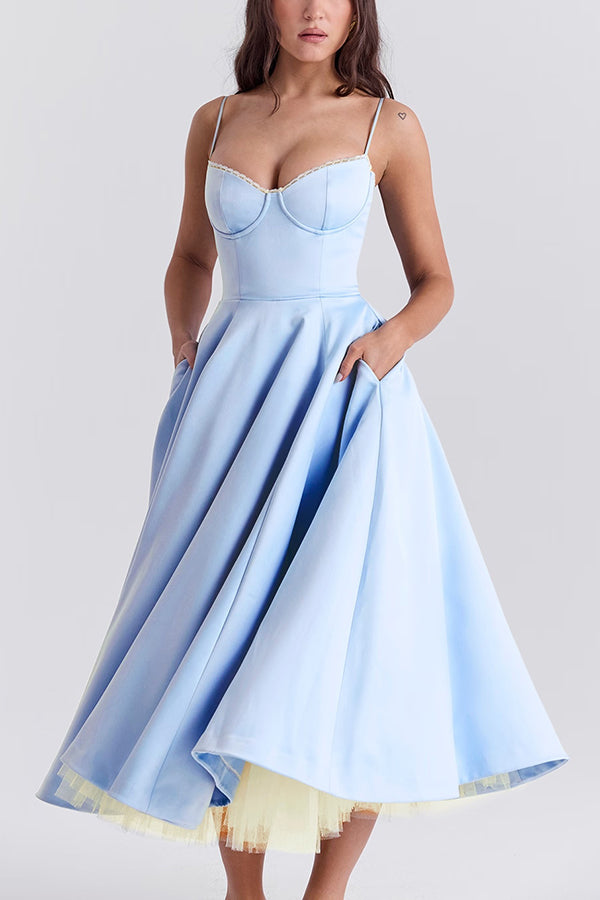 Fairytale Vibe Satin Patchwork Tulle Sweetheart Neck Pocket Stretch Midi Dress