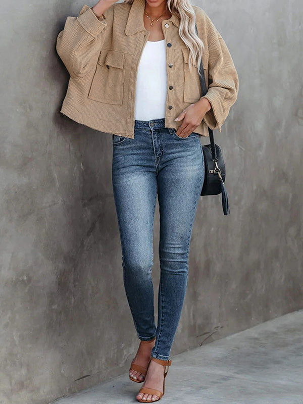 Long Sleeves Loose Buttoned Pockets Lapel Outerwear