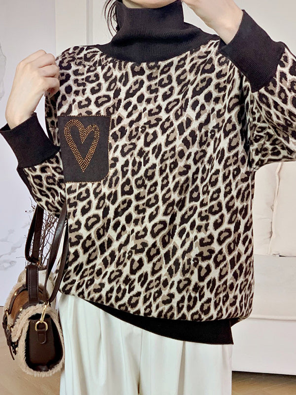 Long Sleeves Loose Leopard Split-Joint High Neck Pullovers Sweater Tops