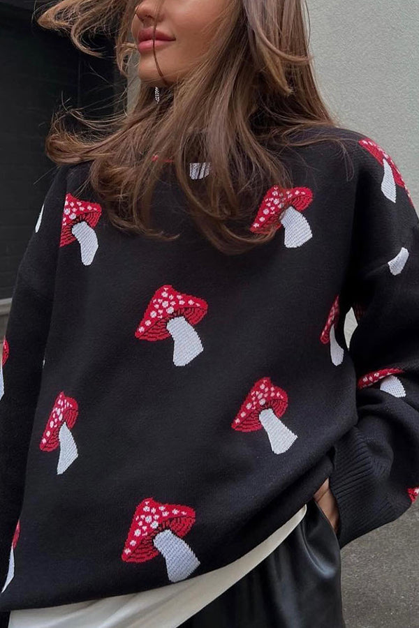 Mushroom Pattern Casual Loose Round Neck Knitted Sweater