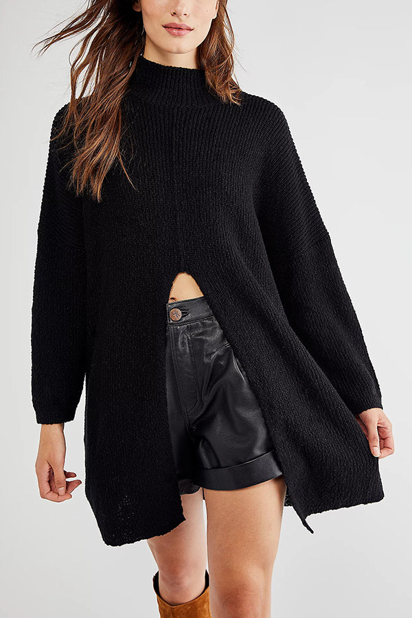 Solid Color Long Sleeve Slit Knitted Sweater