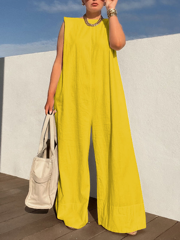 Sleeveless Wide Leg Shoulder Pad Solid Color Jumpsuits